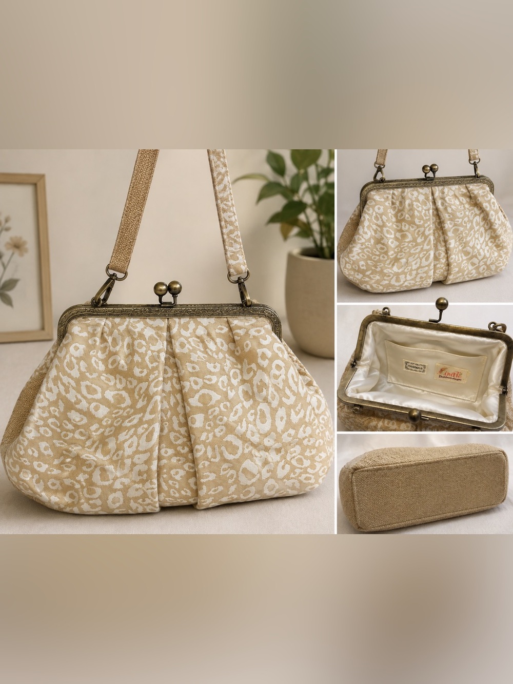 Leopard-Pattern Frame Clutch in Beige